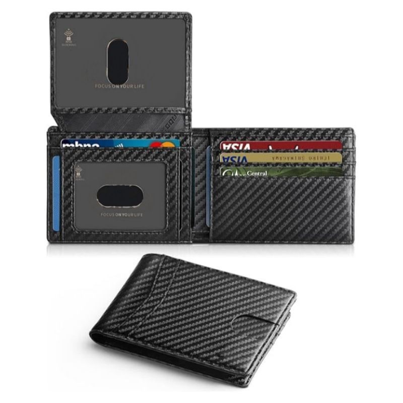 Men Short RFID Blocking Wallet Carbon Fiber Black, Portable Anti‑Theft Card Money Clip, Christmas Daily Business Travel Purse Gift