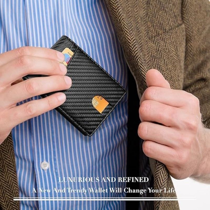 Men Short RFID Blocking Wallet Carbon Fiber Black, Portable Anti‑Theft Card Money Clip, Christmas Daily Business Travel Purse Gift