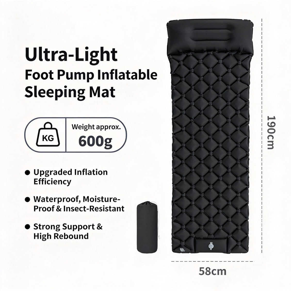Black Lightweight Inflatable Air Bed 190x60x5cm Portable Camping Mattress for Outdoor Trip Home Office Nap Xmas Camping Gear