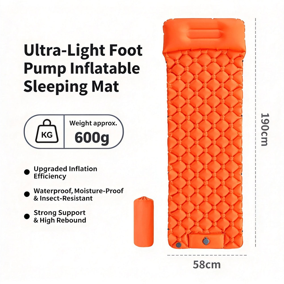 Orange Single Inflatable Camping Air Mattress 190x60x5cm Compact Portable Air Bed for Travel Hiking Home Lunch Rest Holiday Outdoor Tool