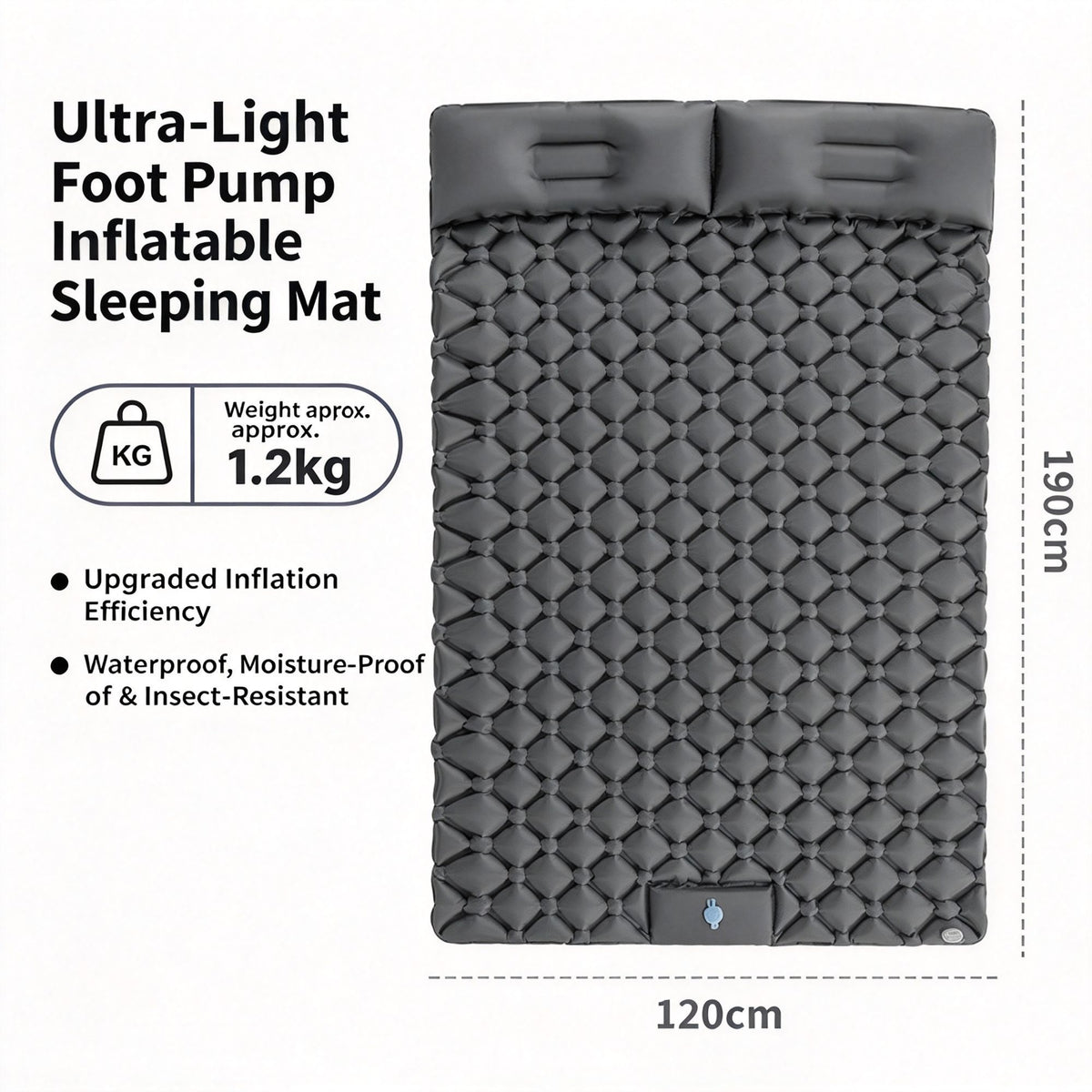 Grey Double Portable Inflatable Air Bed 190x120x5cm Compact Mattress for Camping Trip Family Outdoor Rest Xmas Holiday Equipment
