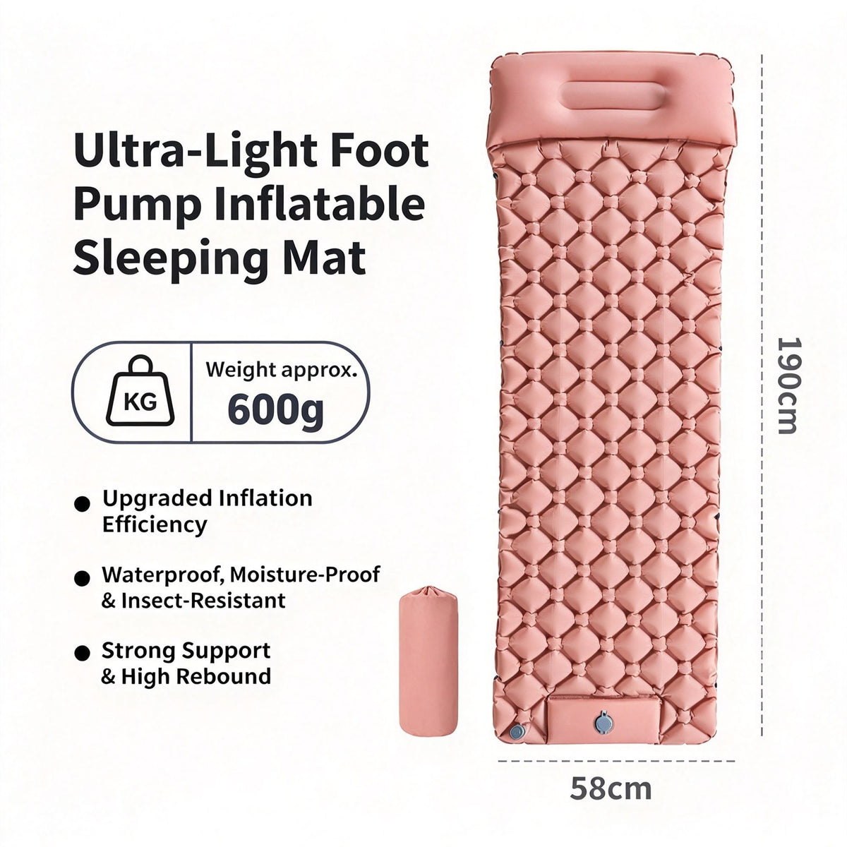 Khaki Pink Single Inflatable Air Mattress 190x60x5cm Light‑Weight Portable Air Bed for Camping Travel Home Office Lunch Break