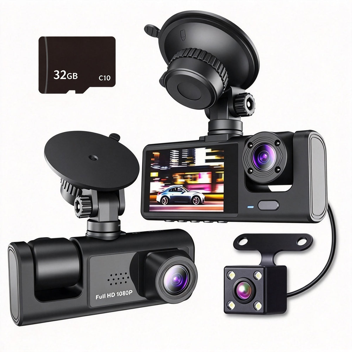2‑Inch Screen Triple‑Lens Car DVR Front Interior Rear With 32G Memory Card HD Night‑Vision Parking Surveillance Recording, Ideal Xmas Present For Driver Auto Holiday Accessory