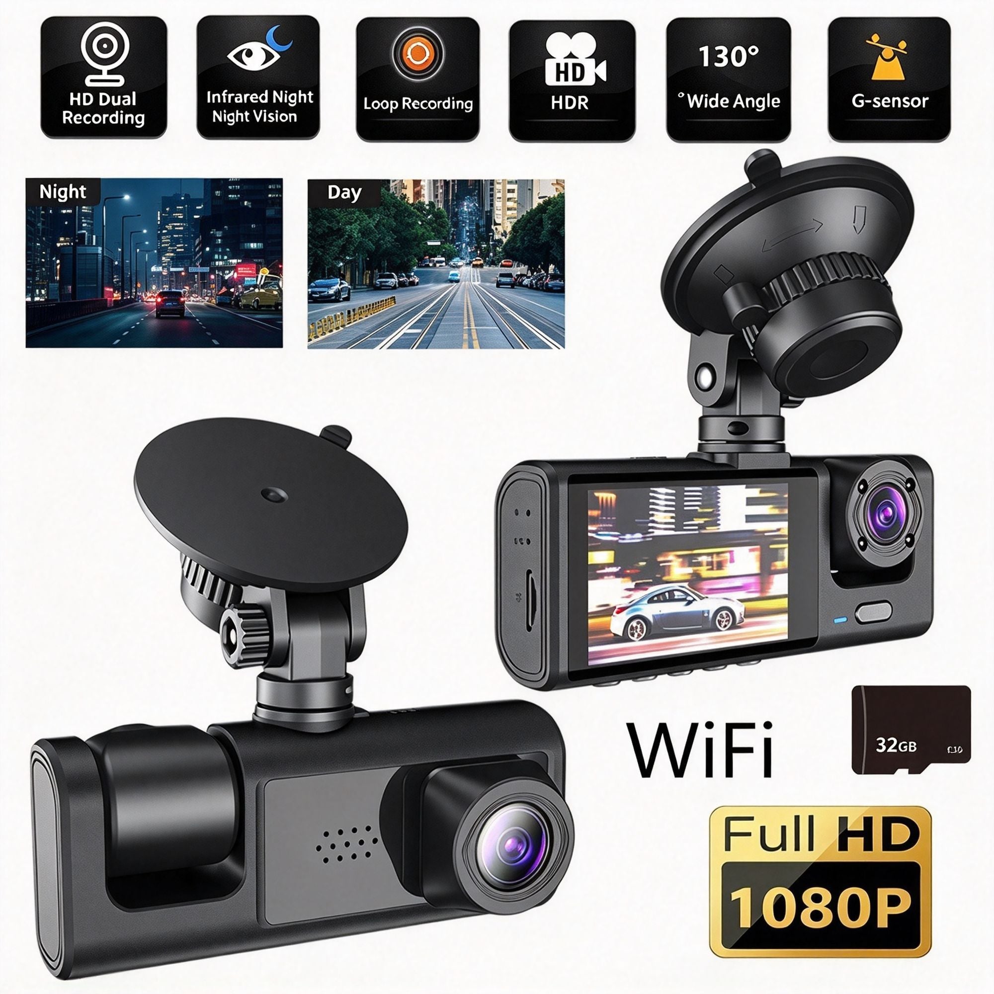 Wireless 2‑Inch HD WiFi Dash Cam Dual Front & Inside Lens 32G Memory Card Night Vision Parking Monitor Mobile Phone Interconnection, Surprise Gift For Family Friends Car Enthusiast