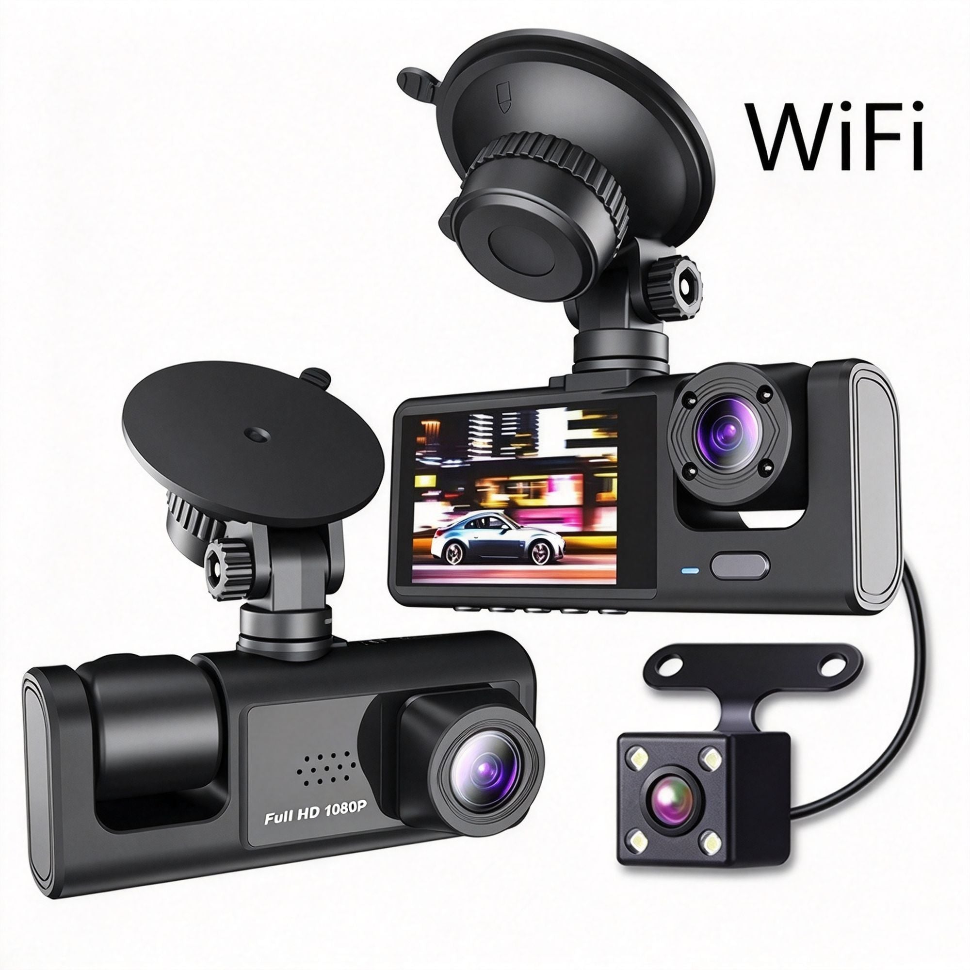 2‑Inch Screen WiFi Triple‑Channel Car Driving Recorder Front Inside Rear Lens 32G Memory Card HD Night Vision Parking Monitoring Mobile Sync, Must‑Have Auto Safety Device, Halloween Christmas Gift Option
