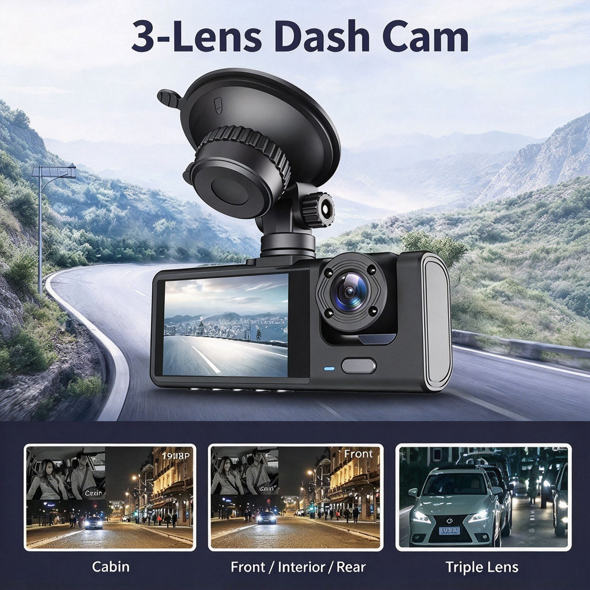2‑Inch Screen WiFi Triple‑Channel Car Driving Recorder Front Inside Rear Lens 32G Memory Card HD Night Vision Parking Monitoring Mobile Sync, Must‑Have Auto Safety Device, Halloween Christmas Gift Option