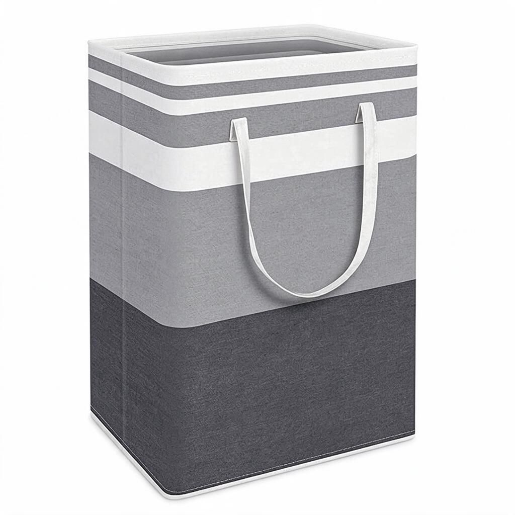 Foldable Fabric Laundry Basket Wide Black Grey Stripe 75L Large Capacity Hamper with Side Handles Home Gym