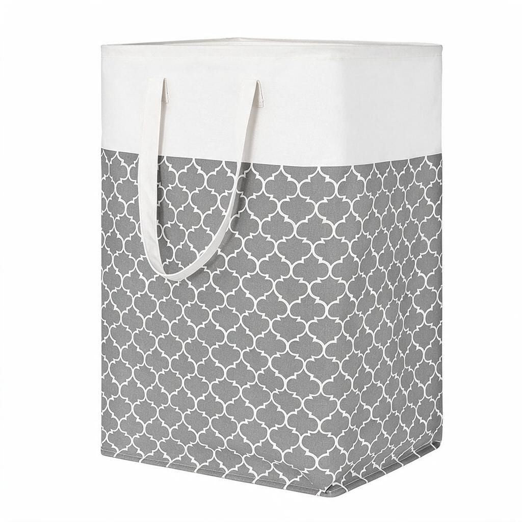 75L Quatrefoil Print Fabric Laundry Hamper Grey Lattice Tall Foldable Storage Bin for Bedroom Bathroom Clothes