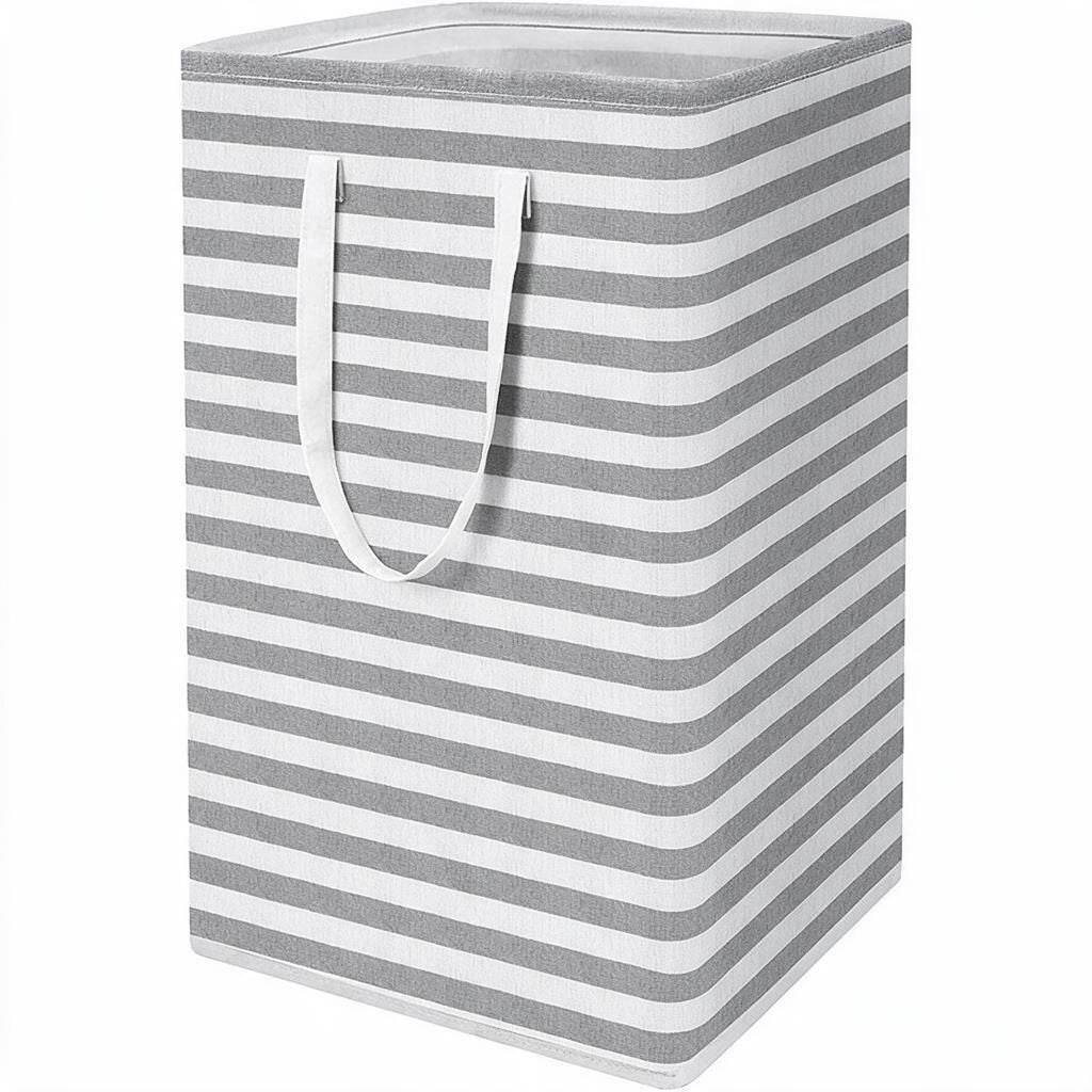 Pinstripe Grey White Fabric Laundry Hamper Tall 75L Clothes Storage Bin Foldable Organiser for Bedroom Laundry