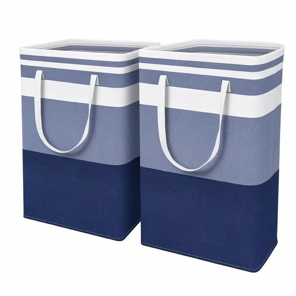 Collapsible Navy Blue Striped Clothes Hamper 75L Fabric Storage Bin Carry Handles Dorm Bedroom Laundry