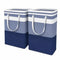 Collapsible Navy Blue Striped Clothes Hamper 75L Fabric Storage Bin Carry Handles Dorm Bedroom Laundry