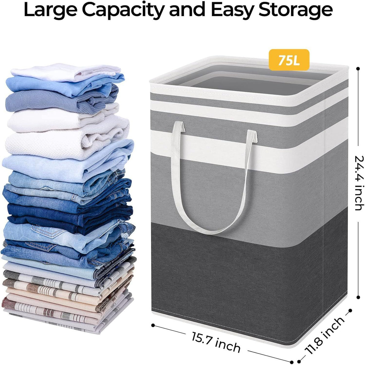 Collapsible Navy Blue Striped Clothes Hamper 75L Fabric Storage Bin Carry Handles Dorm Bedroom Laundry