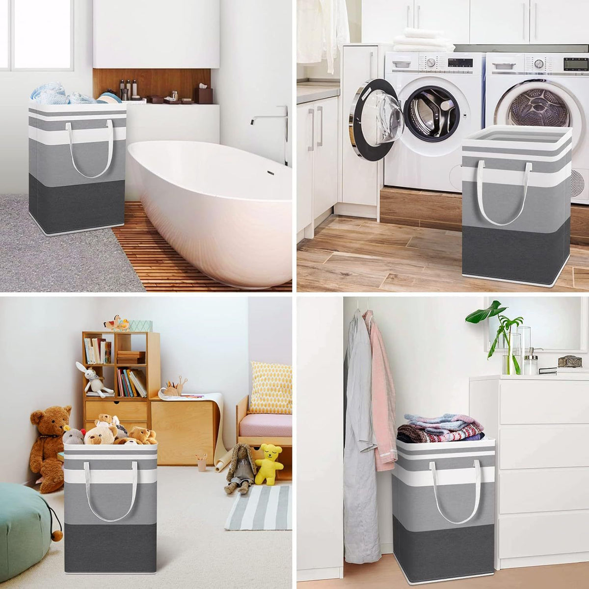 Collapsible Navy Blue Striped Clothes Hamper 75L Fabric Storage Bin Carry Handles Dorm Bedroom Laundry
