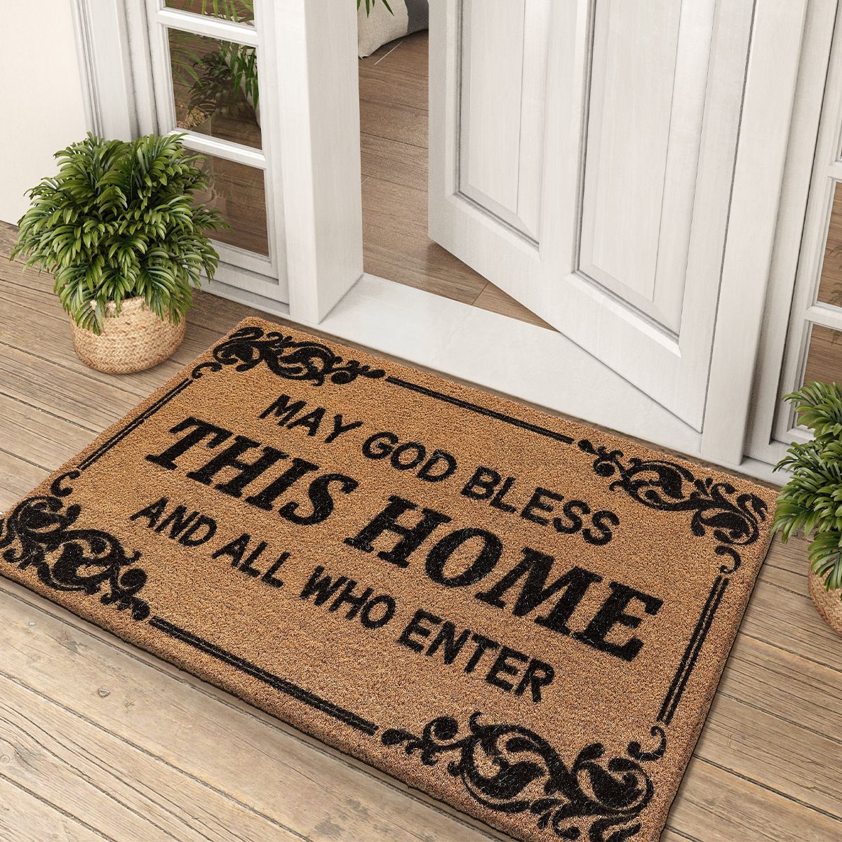 Non-Slip Brown Doormat 50x80cm Good Wishes Lettering Ornate Scroll Border Coarse Fibre Indoor Outdoor Halloween Entry