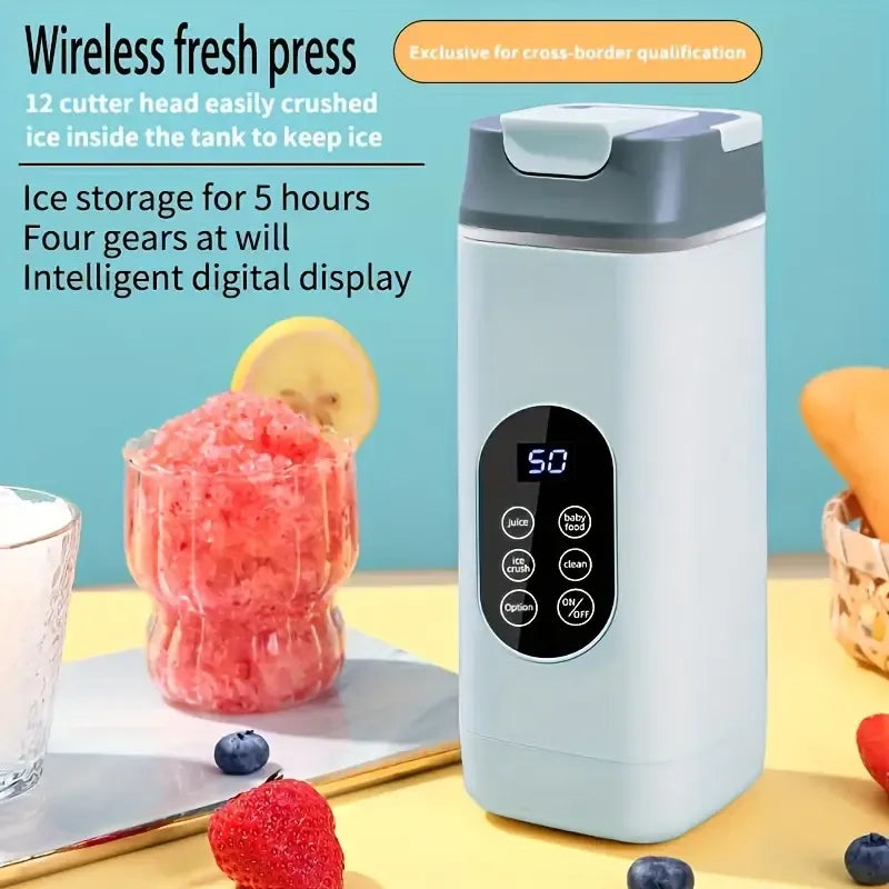 New Wireless Portable Blender Cup: 12 powerful blades for crushing ice, 4-speed settings for juices, smoothies, and baby food, Type-C fast charging with 10–12 uses per charge, self-cleaning function, compact with carry handle for drinks on the go./black