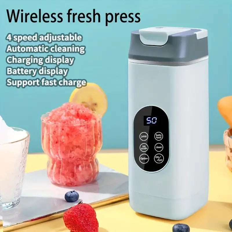 New Wireless Portable Blender Cup: 12 powerful blades for crushing ice, 4-speed settings for juices, smoothies, and baby food, Type-C fast charging with 10–12 uses per charge, self-cleaning function, compact with carry handle for drinks on the go.white