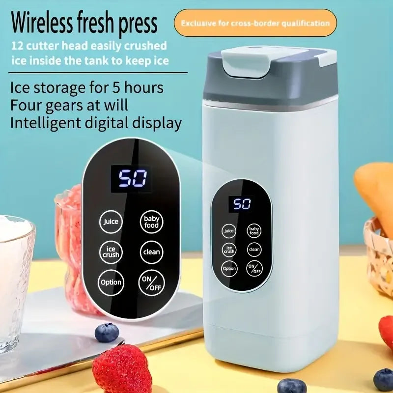 New Wireless Portable Blender Cup: 12 powerful blades for crushing ice, 4-speed settings for juices, smoothies, and baby food, Type-C fast charging with 10–12 uses per charge, self-cleaning function, compact with carry handle for drinks on the go.white