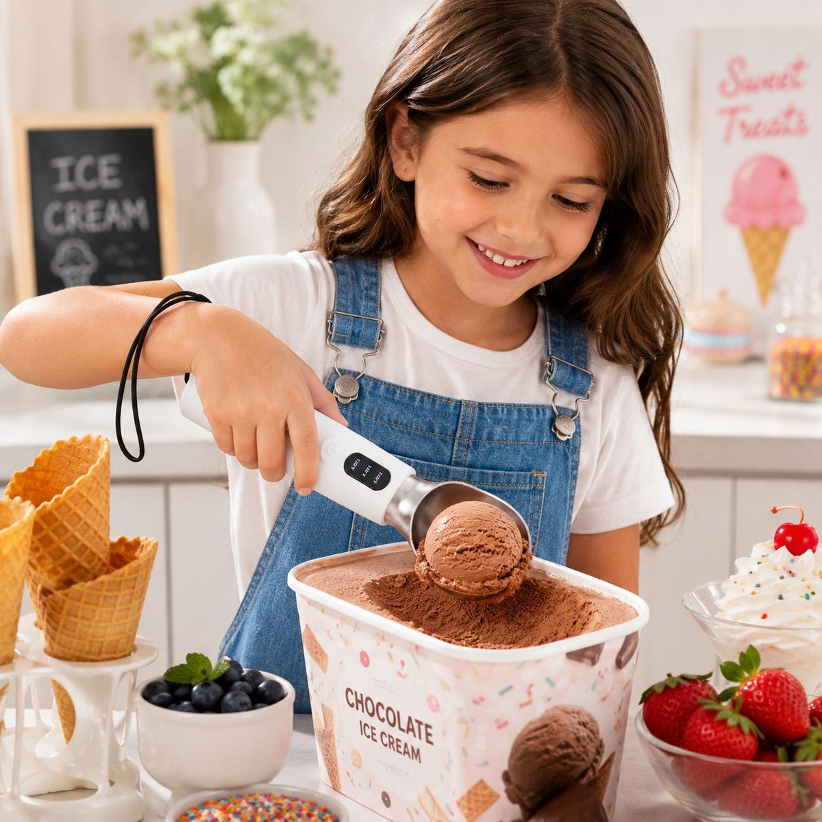 Rechargeable Smart Heated Ice Cream Scoop, 3 Temperature Settings for Quick Scooping, Zinc Alloy Head with Silicone Handle, Type-C Charging, Essential Home Dessert Tool./WHITE