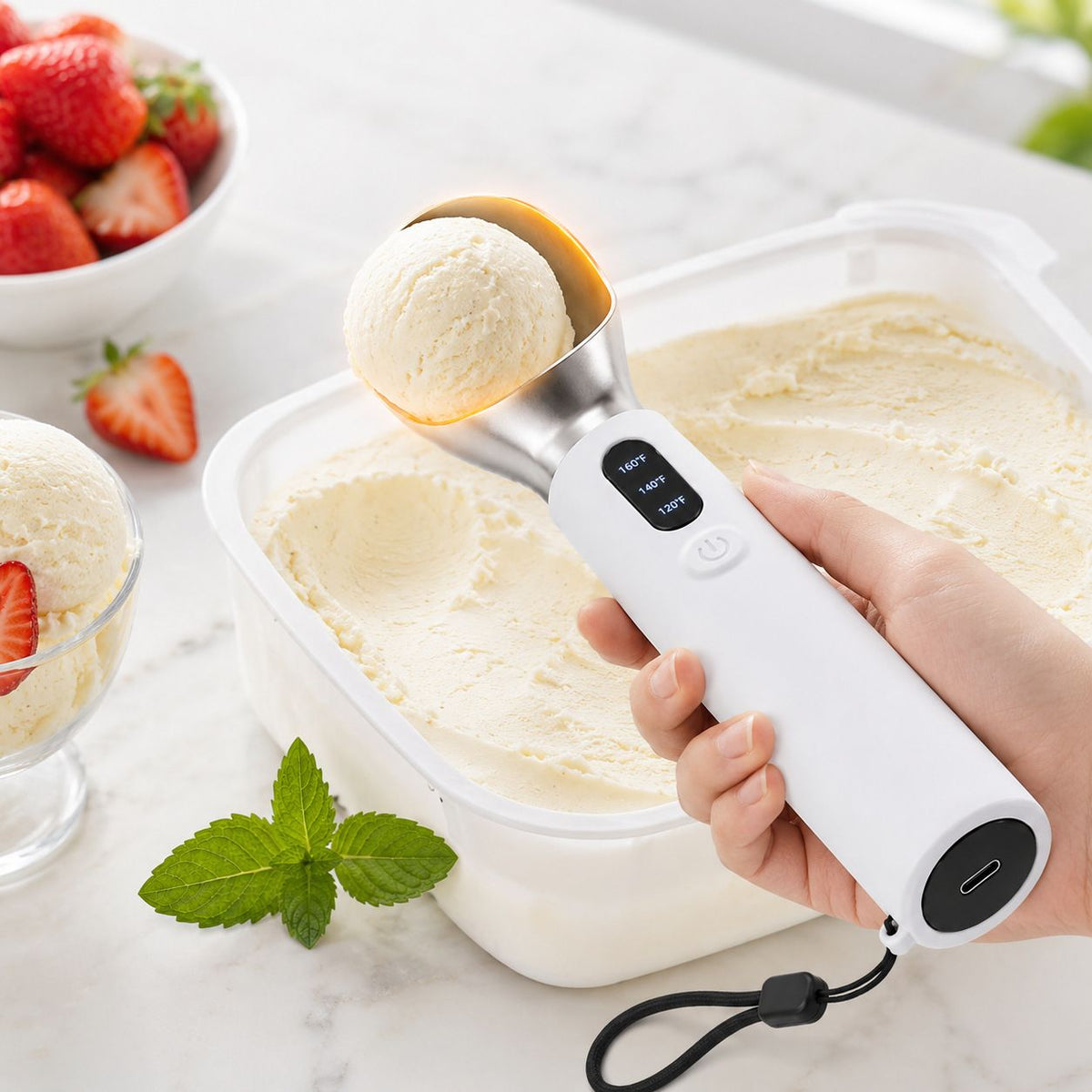 Rechargeable Smart Heated Ice Cream Scoop, 3 Temperature Settings for Quick Scooping, Zinc Alloy Head with Silicone Handle, Type-C Charging, Essential Home Dessert Tool./WHITE