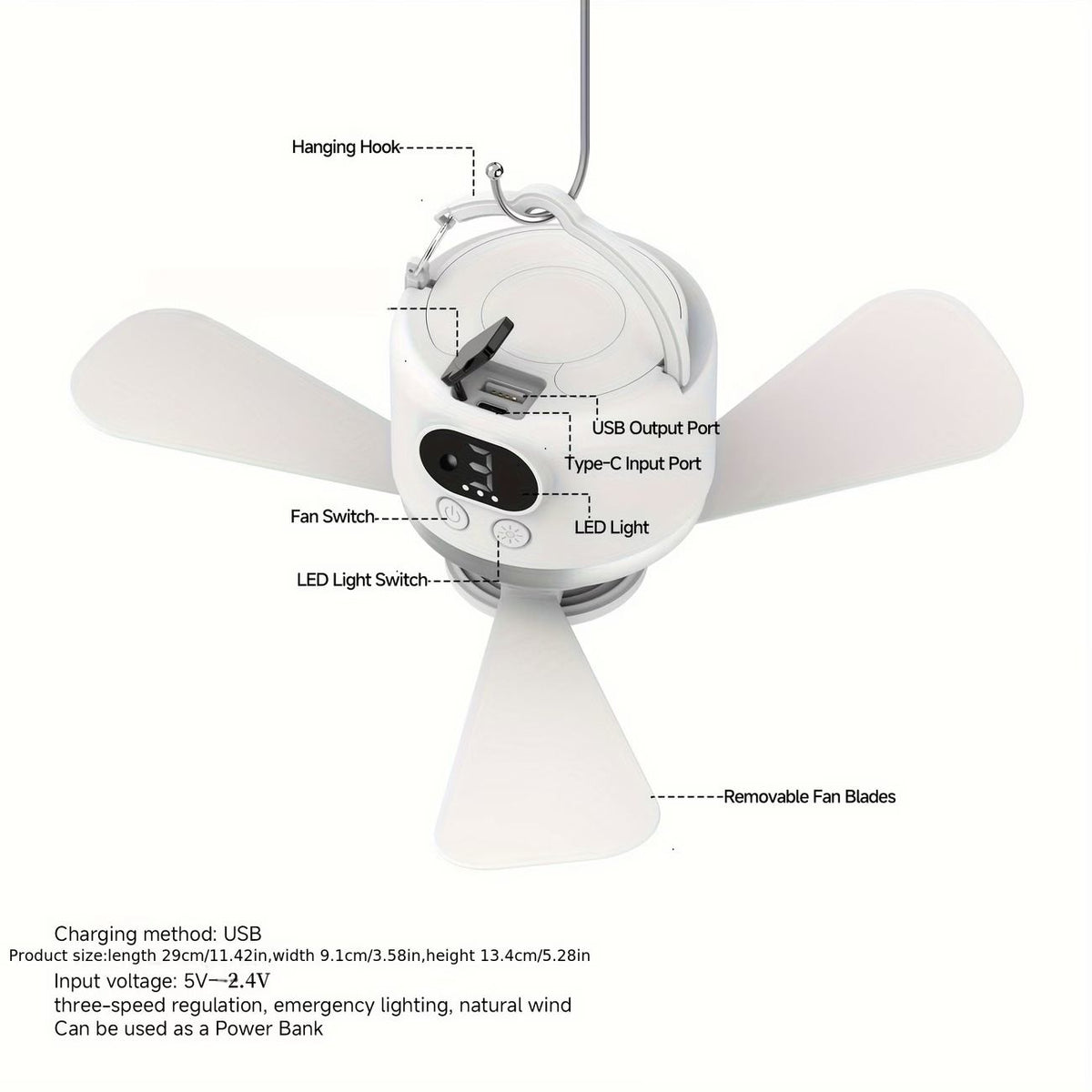 Tent Mini Ceiling Fan S50 Fan Light: 10400mAh Battery, 3-in-1 Fan/Light/Power Bank, Remote Timer, Camping Essential.*white