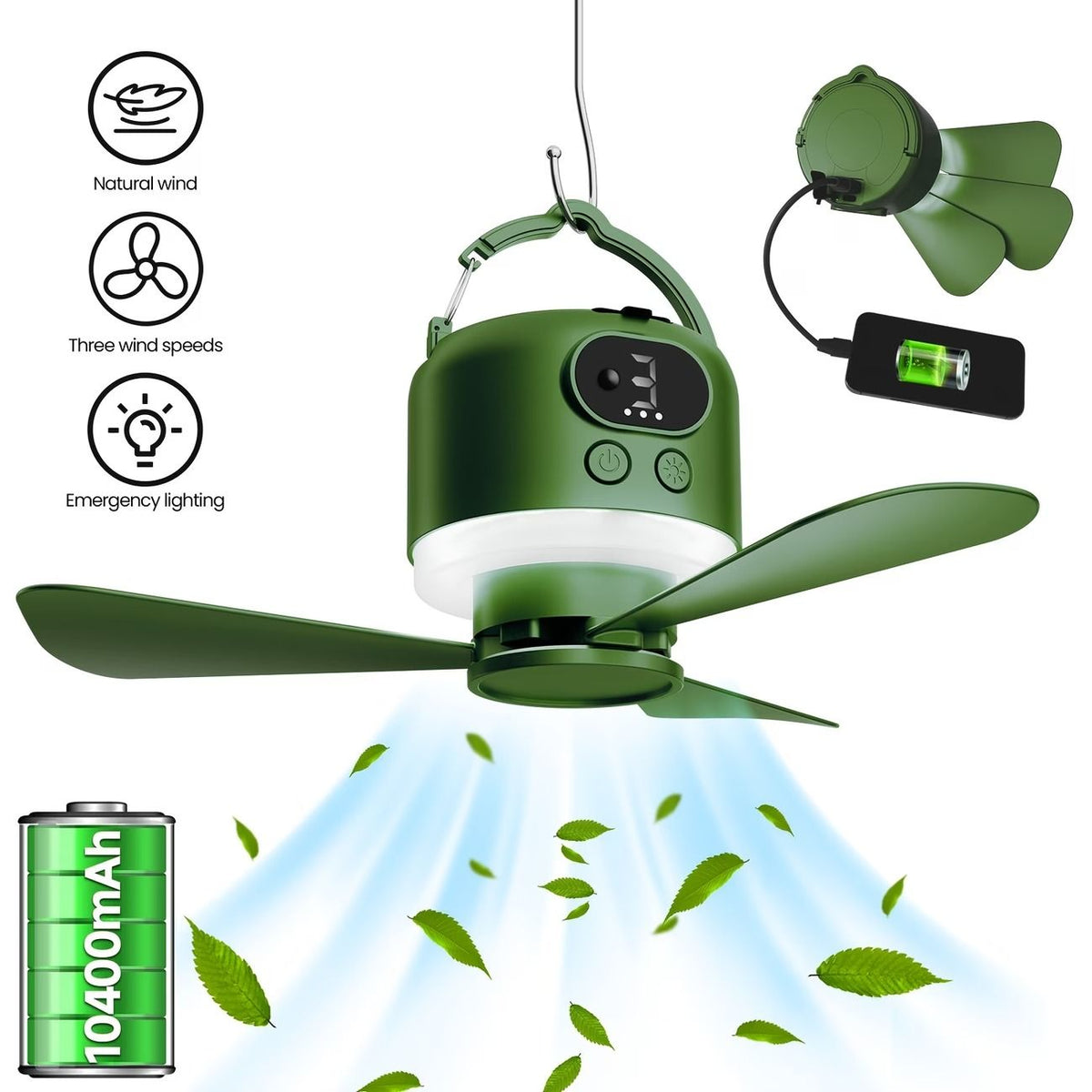 Tent Mini Ceiling Fan S50 Fan Light: 10400mAh Battery, 3-in-1 Fan/Light/Power Bank, Remote Timer, Camping Essential.*white