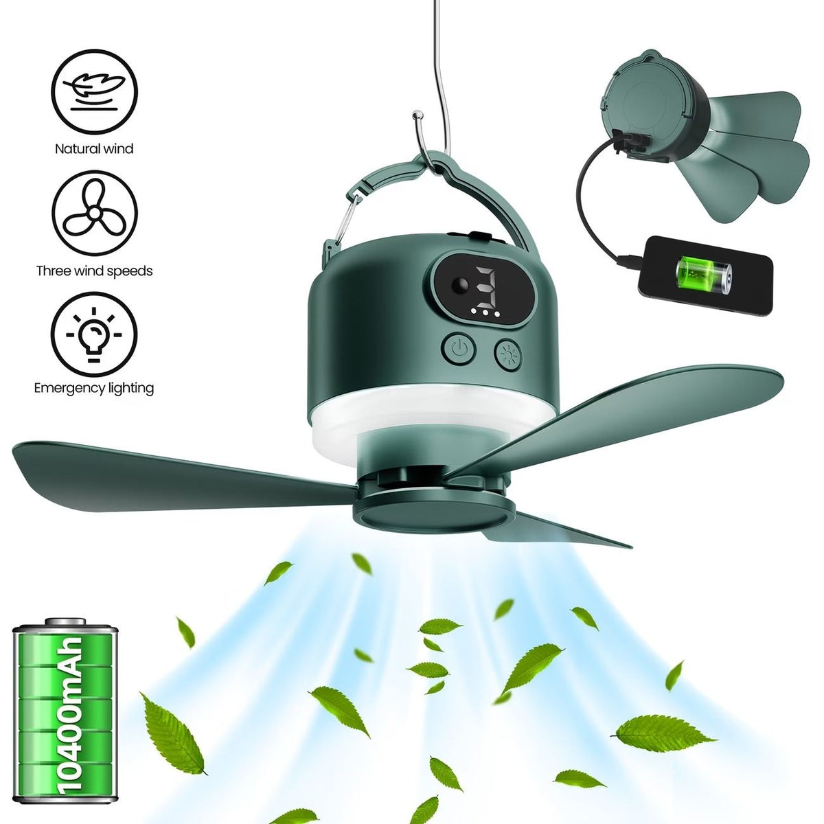 Tent Mini Ceiling Fan S50 Fan Light: 10400mAh Battery, 3-in-1 Fan/Light/Power Bank, Remote Timer, Camping Essential.*white
