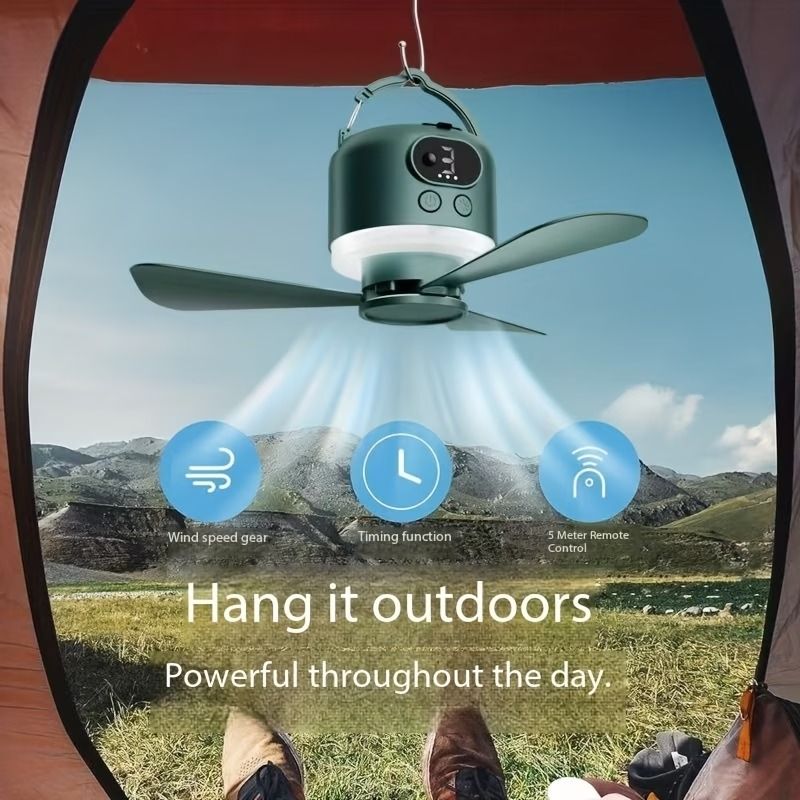 Tent Mini Ceiling Fan S50 Fan Light: 10400mAh Battery, 3-in-1 Fan/Light/Power Bank, Remote Timer, Camping Essential.*Dark green