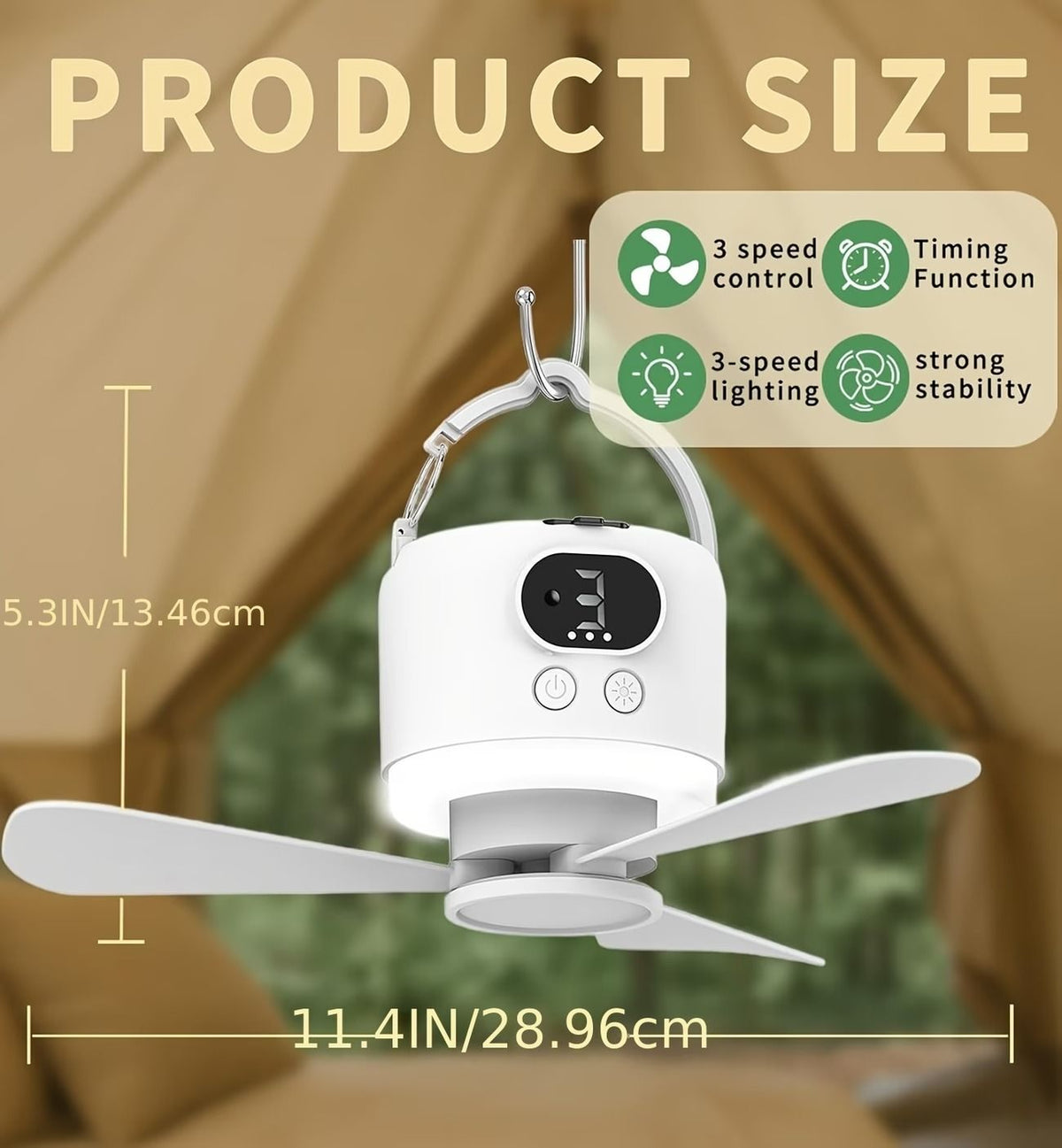 Tent Mini Ceiling Fan S50 Fan Light: 10400mAh Battery, 3-in-1 Fan/Light/Power Bank, Remote Timer, Camping Essential.*Dark green