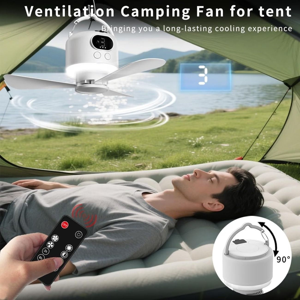 Tent Mini Ceiling Fan S50 Fan Light: 10400mAh Battery, 3-in-1 Fan/Light/Power Bank, Remote Timer, Camping Essential.*Dark green