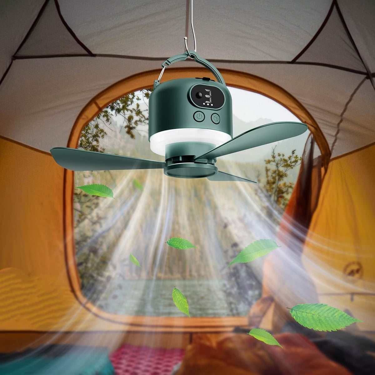 Tent Mini Ceiling Fan S50 Fan Light: 10400mAh Battery, 3-in-1 Fan/Light/Power Bank, Remote Timer, Camping Essential.*Dark green