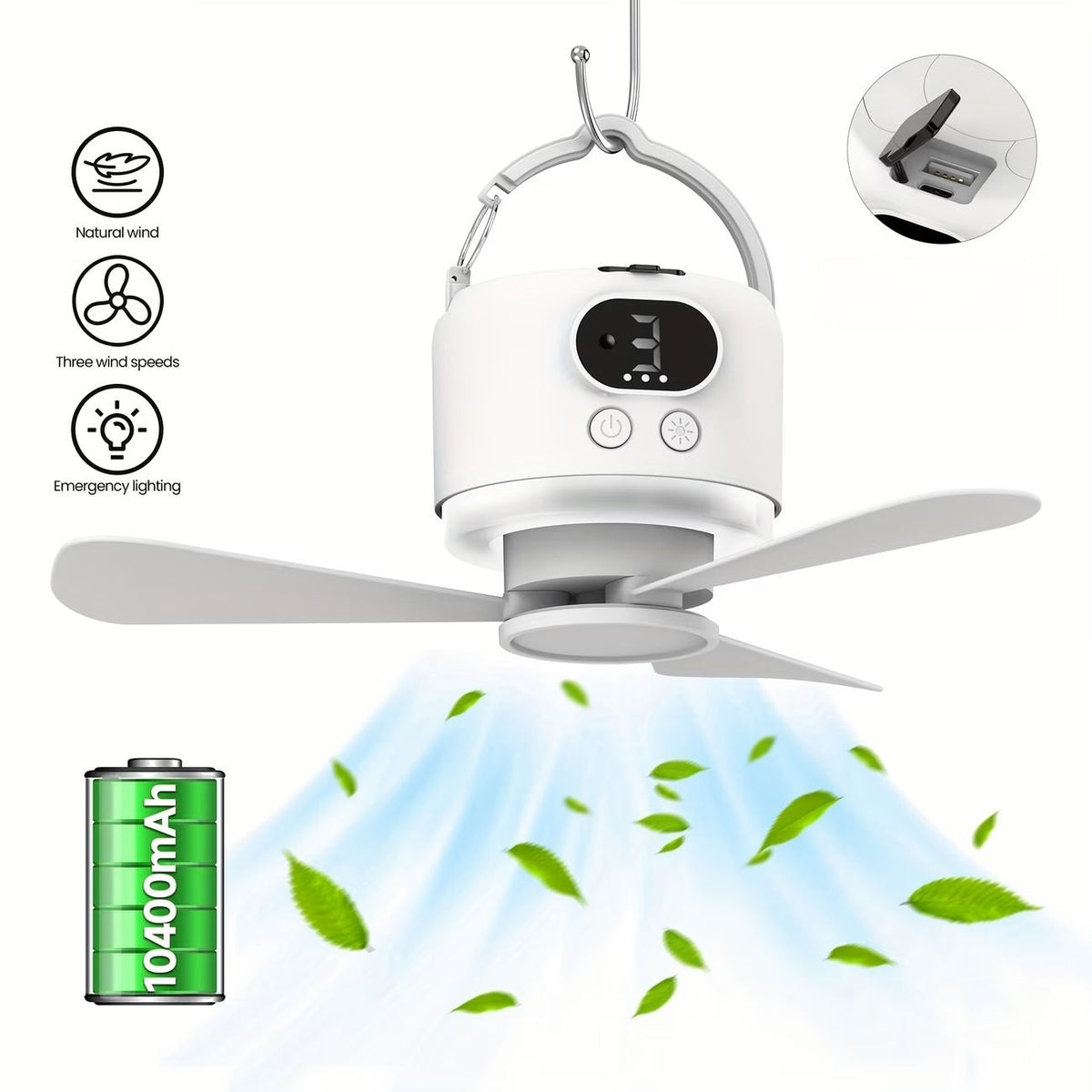 Tent Mini Ceiling Fan S50 Fan Light: 10400mAh Battery, 3-in-1 Fan/Light/Power Bank, Remote Timer, Camping Essential.*Dark green
