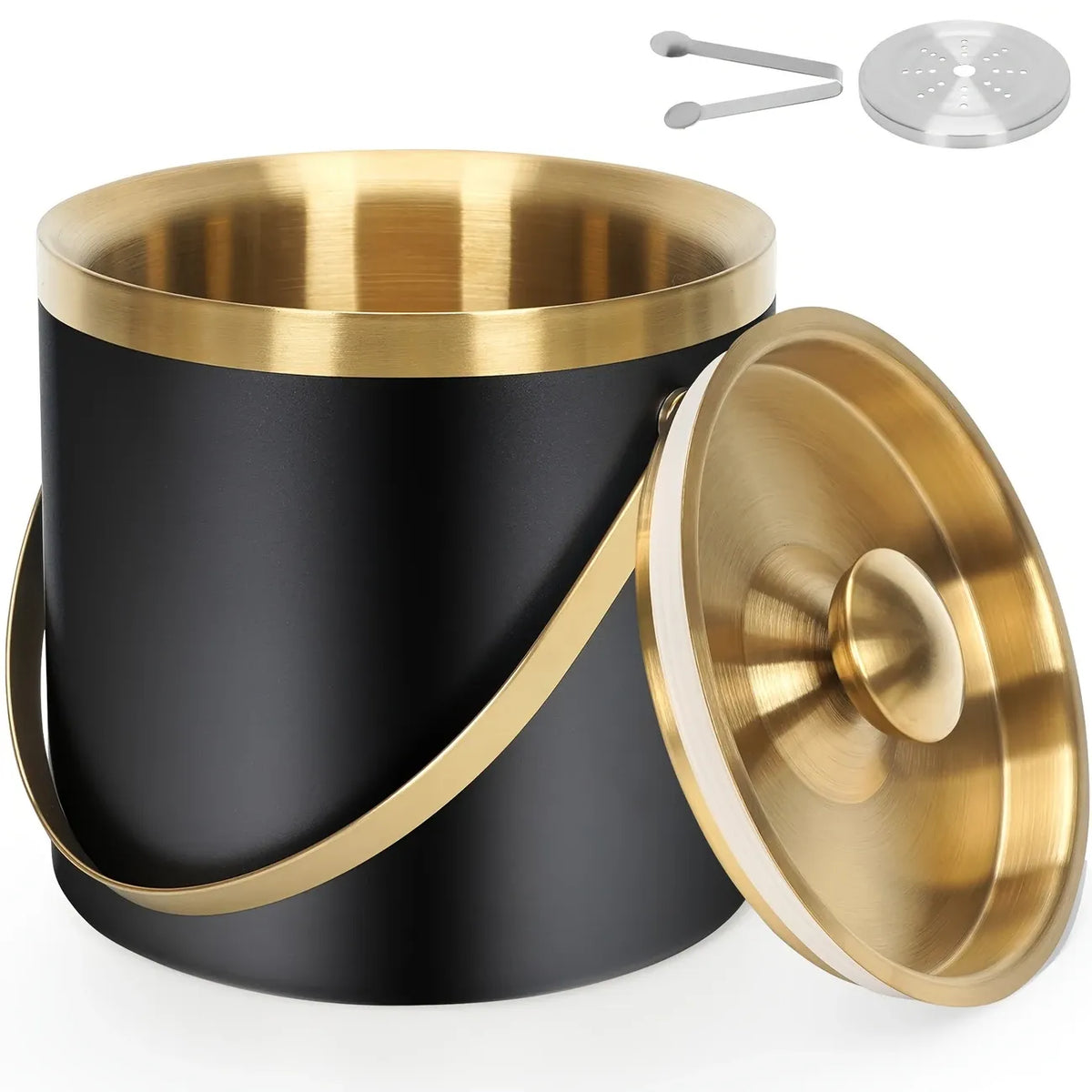 3L Stainless Steel Double-Wall Vacuum Ice Bucket with Lid & Tongs – Home & Commercial Champagne Cooler.(black)