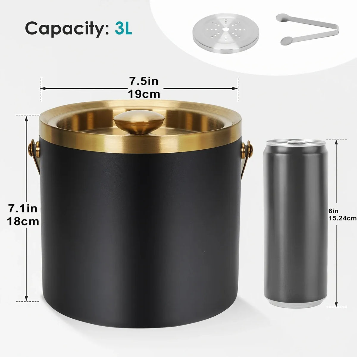 3L Stainless Steel Double-Wall Vacuum Ice Bucket with Lid & Tongs – Home & Commercial Champagne Cooler.(white)