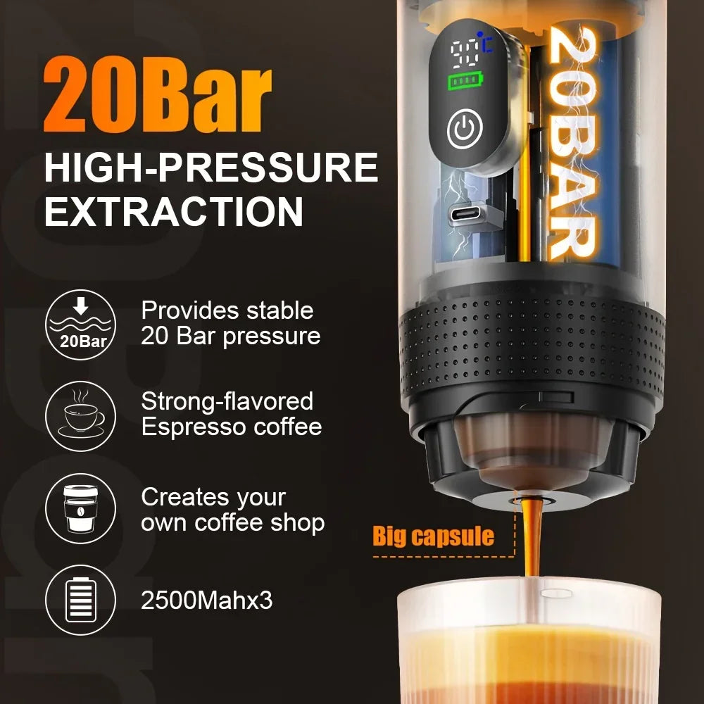 Portable 20Bar High - Pressure Extraction Coffee Machine, 80ml Stainless Steel Water Tank + Foldable Stand, Low - Battery Alert & Real - Time Temperature Control, Enjoy Barista - Quality Coffee on the Go, at Office or While Driving,Grey