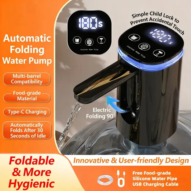 Smart Foldable Electric Water Dispenser: LCD display with night light, timed and measured dispensing, 90° auto-fold design for dust protection, Type-C fast charging with long battery life, ideal for home, office, and camping.(WHITE)