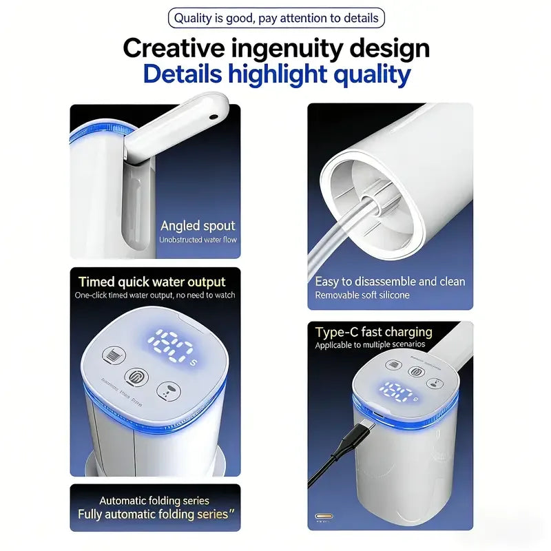 Smart Foldable Electric Water Dispenser: LCD display with night light, timed and measured dispensing, 90° auto-fold design for dust protection, Type-C fast charging with long battery life, ideal for home, office, and camping.(WHITE)