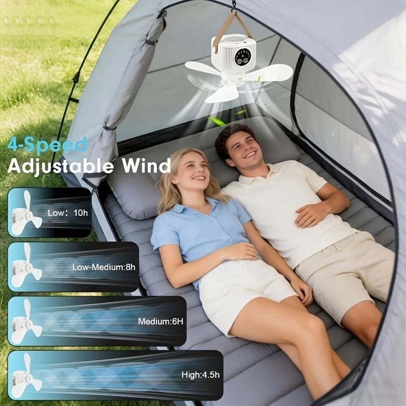 3600mAh Large Capacity Camping Fan Light, 3-in-1 Silent Illumination, 4-Speed Settings, Type-C Fast Charging, Essential Gear for Outdoor Tents.*khaki