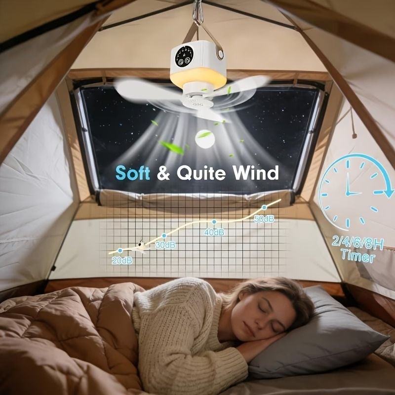 3600mAh Large Capacity Camping Fan Light, 3-in-1 Silent Illumination, 4-Speed Settings, Type-C Fast Charging, Essential Gear for Outdoor Tents.*khaki