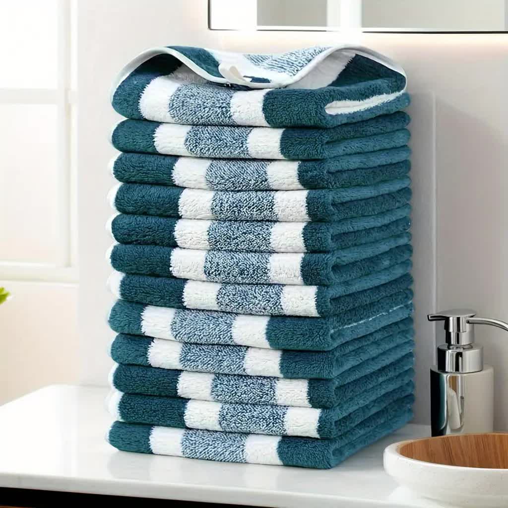 GREEN 12PCS Thick Absorbent Lint-Free Coral Fleece Kitchen Cleaning Cloth, Easily Removes Grease, Hangable for Drying