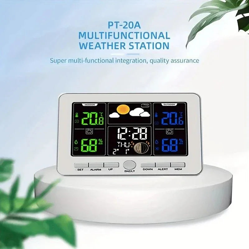 Indoor Outdoor Weather Station Color LCD Atomic Clock Barometer Forecast Dual Alarm Snooze Calendar Time Date Moon Phase Adjustable Backlight.white