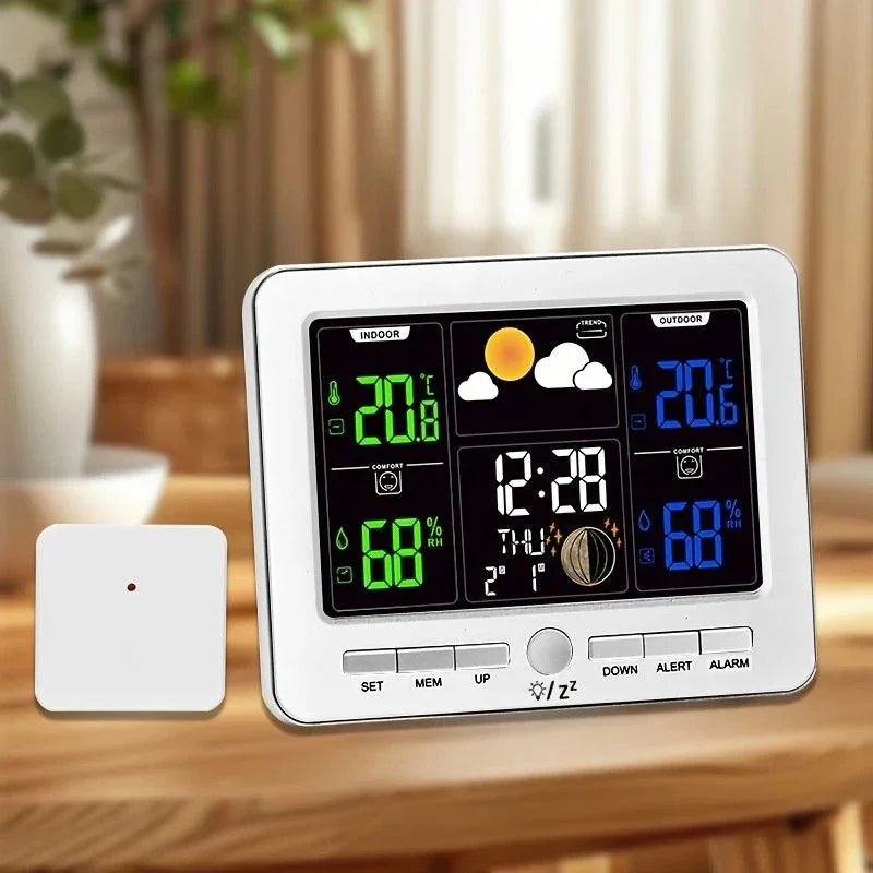 Indoor Outdoor Weather Station Color LCD Atomic Clock Barometer Forecast Dual Alarm Snooze Calendar Time Date Moon Phase Adjustable Backlight.BLACK
