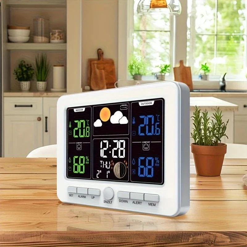 Indoor Outdoor Weather Station Color LCD Atomic Clock Barometer Forecast Dual Alarm Snooze Calendar Time Date Moon Phase Adjustable Backlight.BLACK