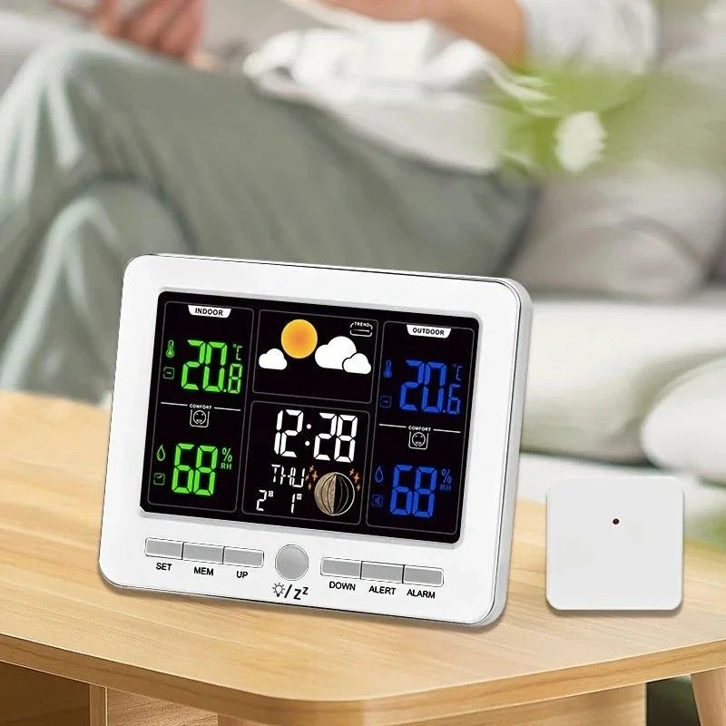 Indoor Outdoor Weather Station Color LCD Atomic Clock Barometer Forecast Dual Alarm Snooze Calendar Time Date Moon Phase Adjustable Backlight.BLACK