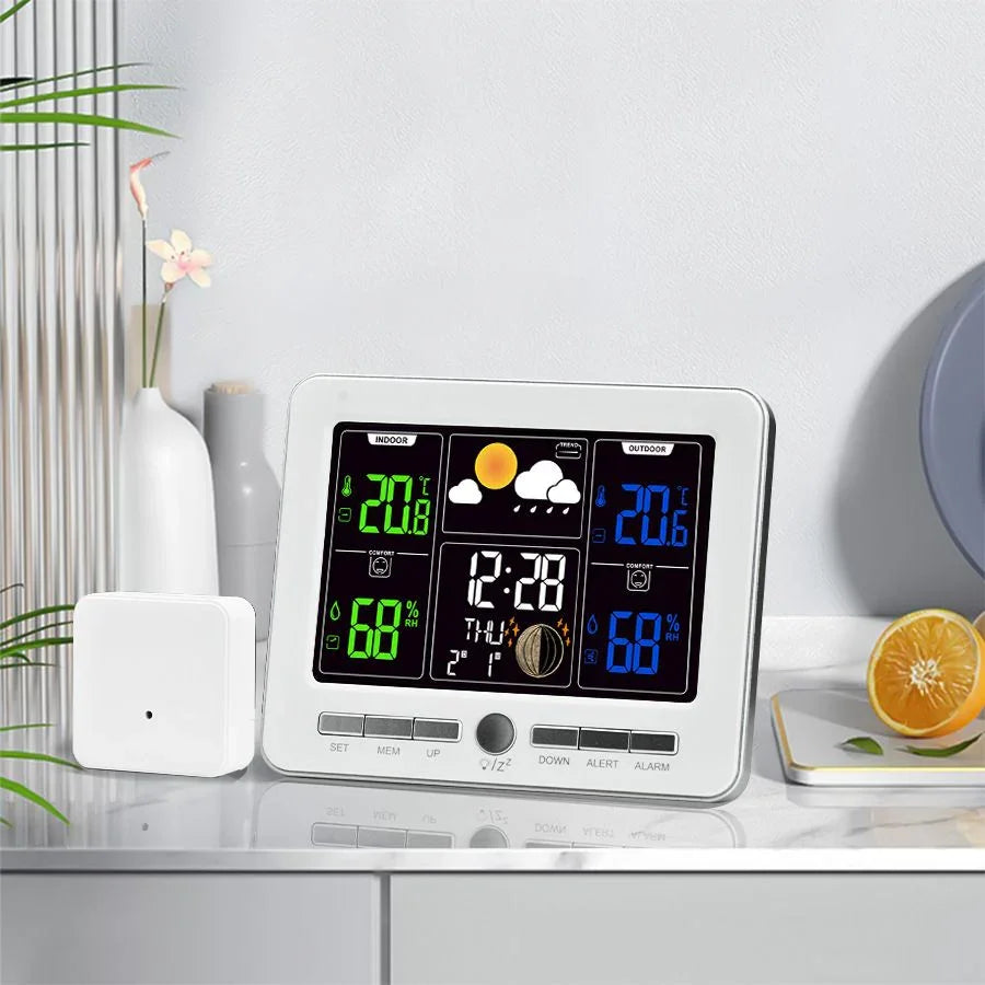 Indoor Outdoor Weather Station Color LCD Atomic Clock Barometer Forecast Dual Alarm Snooze Calendar Time Date Moon Phase Adjustable Backlight.BLACK