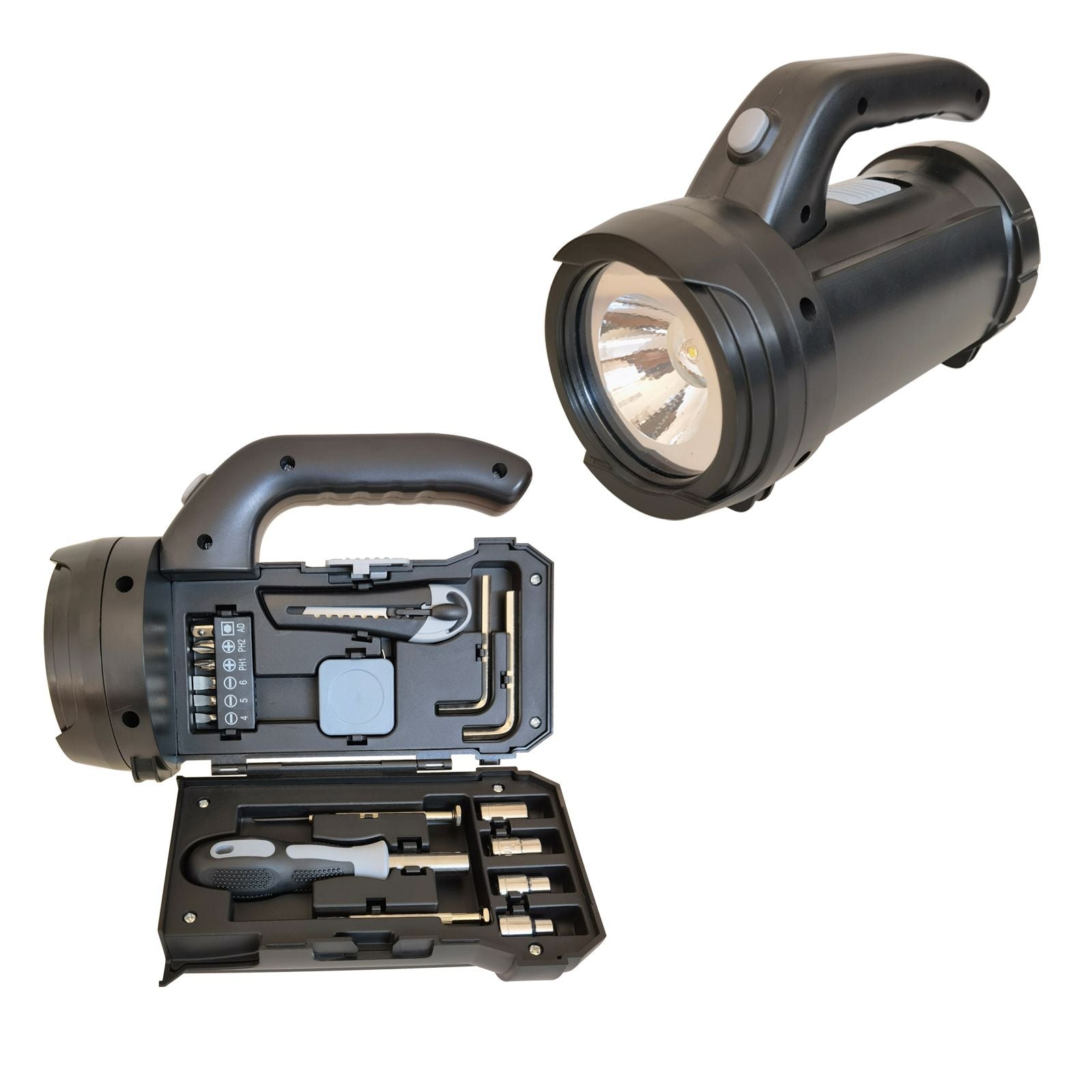 High-Brightness LED Flashlight Tool Set, Includes 6 Bits/Tape Measure/Utility Knife/Sockets, ABS Lightweight Portable, Home & Outdoor Lighting Repair
