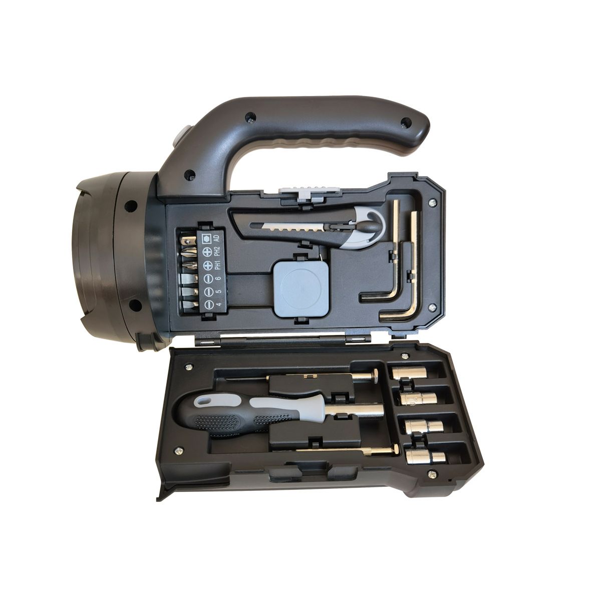 High-Brightness LED Flashlight Tool Set, Includes 6 Bits/Tape Measure/Utility Knife/Sockets, ABS Lightweight Portable, Home & Outdoor Lighting Repair