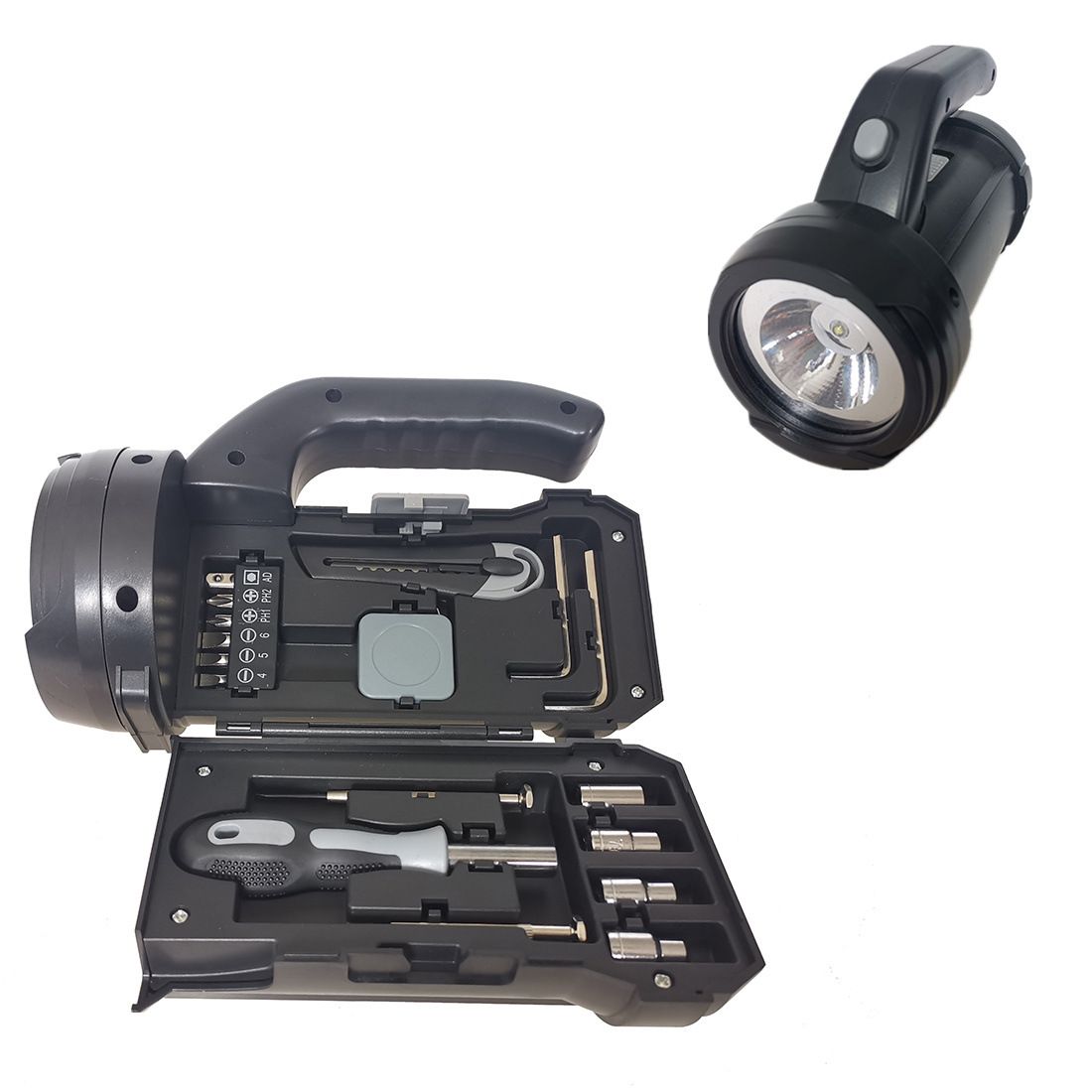 High-Brightness LED Flashlight Tool Set, Includes 6 Bits/Tape Measure/Utility Knife/Sockets, ABS Lightweight Portable, Home & Outdoor Lighting Repair