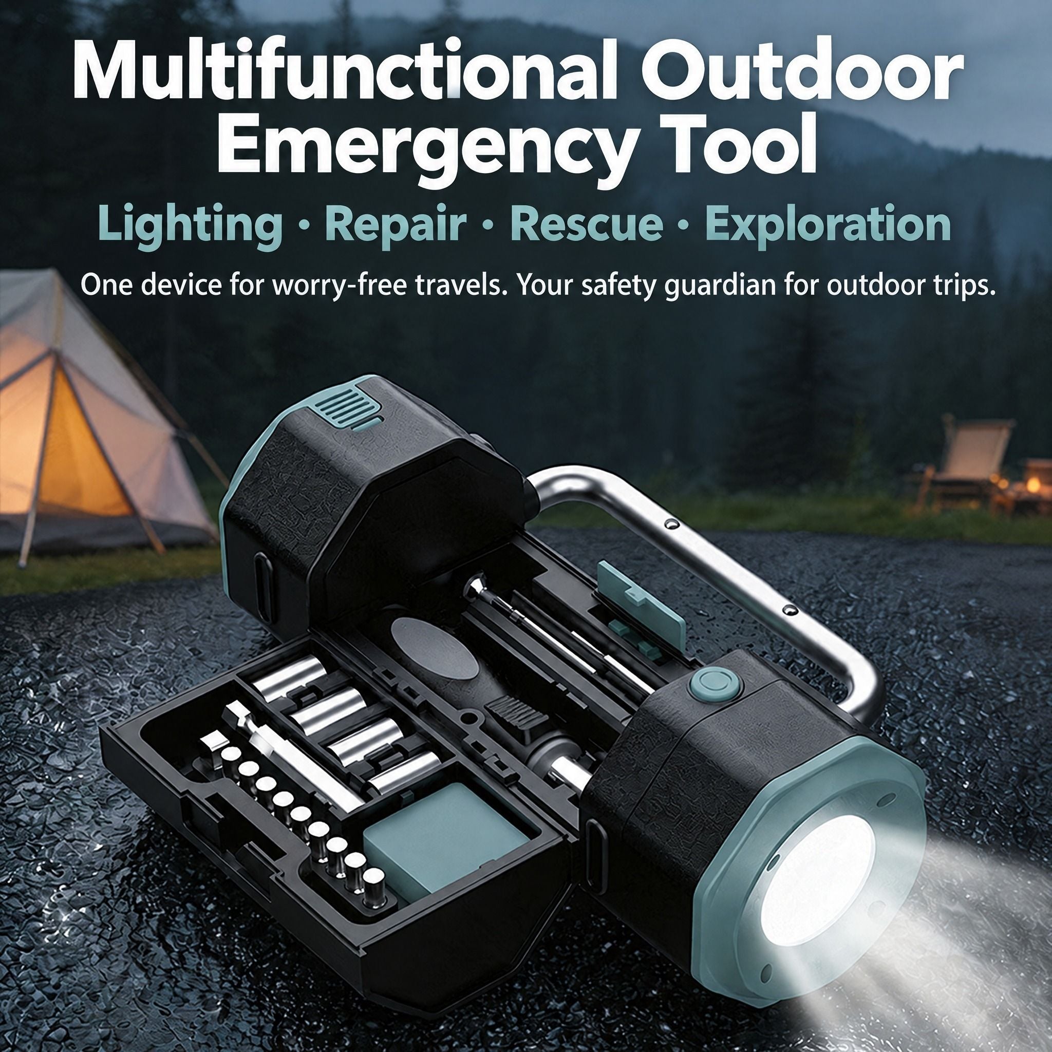 Multi-Functional Camping Lantern Tool Set, Includes 4 Sockets/10 Bits/Knife/Tape, LED Light+Compass, 3×AA Power, Outdoor & Home Emergency Repair