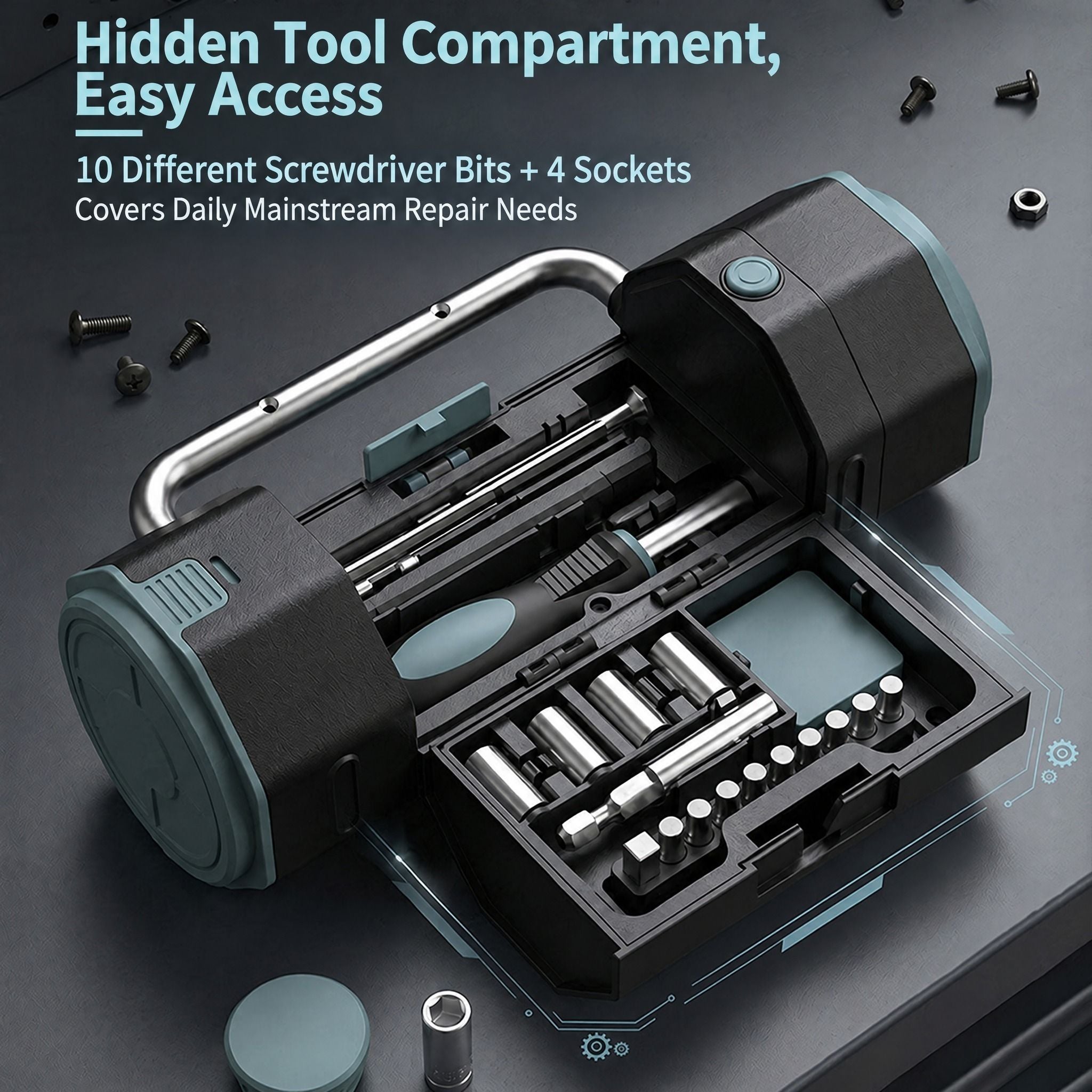 Multi-Functional Camping Lantern Tool Set, Includes 4 Sockets/10 Bits/Knife/Tape, LED Light+Compass, 3×AA Power, Outdoor & Home Emergency Repair
