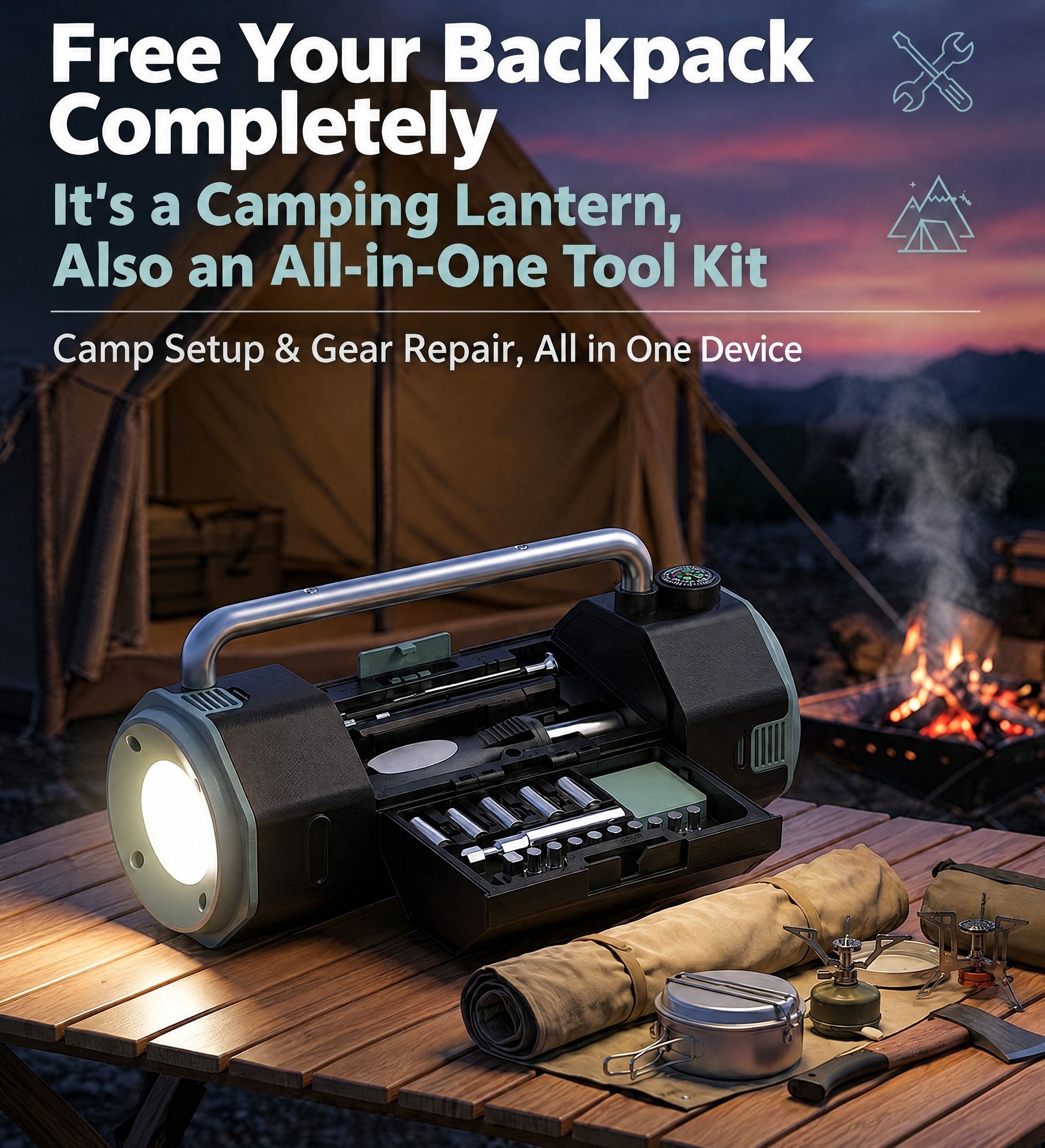 Multi-Functional Camping Lantern Tool Set, Includes 4 Sockets/10 Bits/Knife/Tape, LED Light+Compass, 3×AA Power, Outdoor & Home Emergency Repair